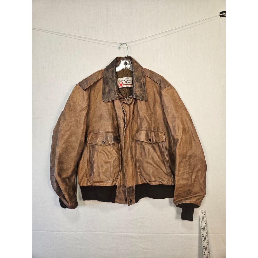 Vintage Sears The Leather Shop Brown Leather Bomber Jacket Aviator Size 46 Reg